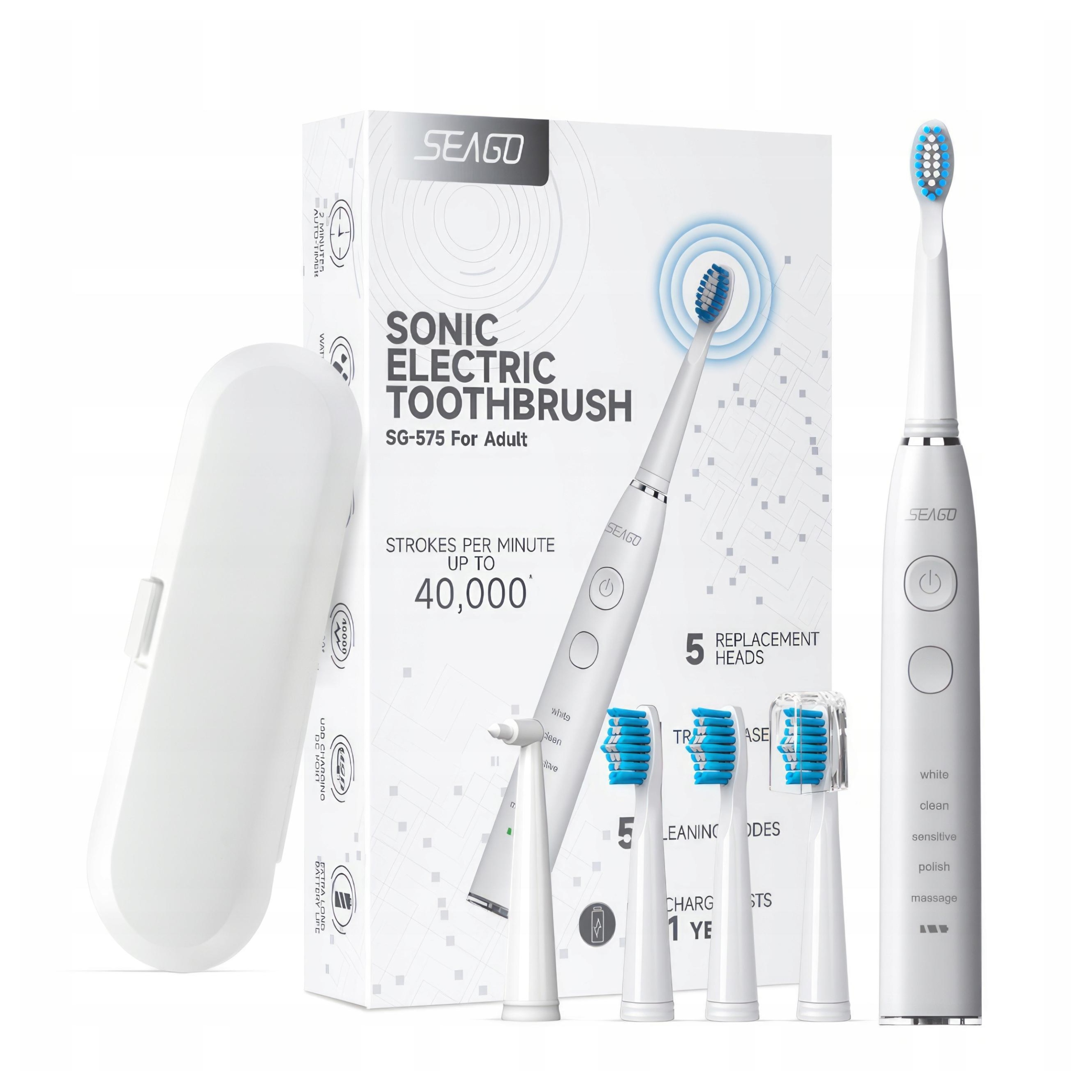 SZCZOTECZKA SONICZNA DO ZĘBÓW ELEKTRYCZNA SEAGO SG-575 ETUI KOŃCÓWKI PRO