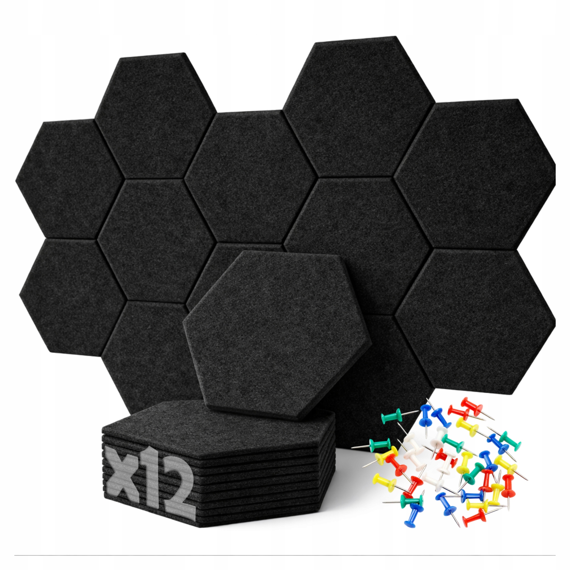PANELE ŚCIENNE FILCOWE CZARNE akustyczne samoprzylepne wygłuszające Hexagon